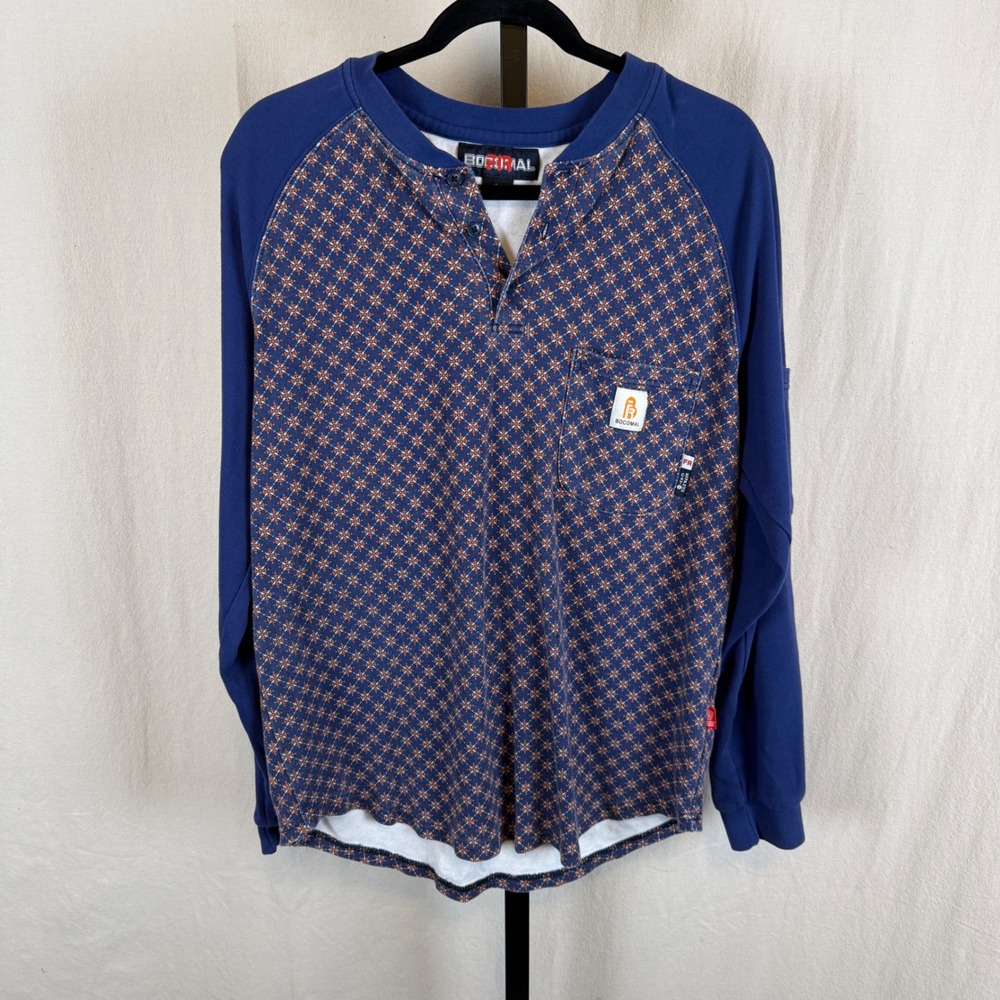 Bocomal FR Flame Resistant Henley Mens Large Navy Patterned CAT 2 NFPA 2112